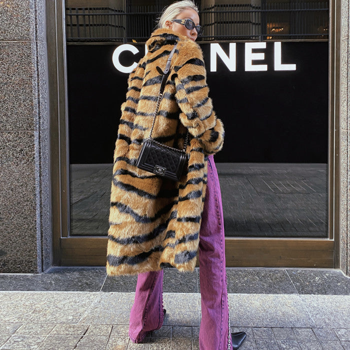 Faux Fur Coat With Tiger Pattern Fur And Long Artificial Hair Insane dress