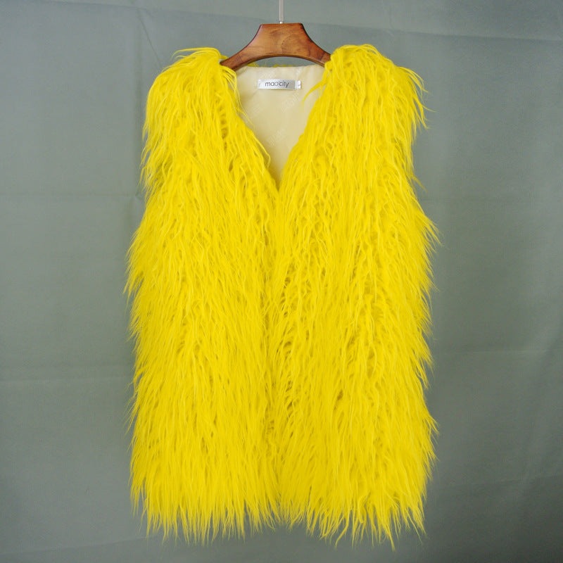 Mid-length Beach-like Wool Fur Vest Warm Vest Women's Vest Jacket Yellow Insane Dress