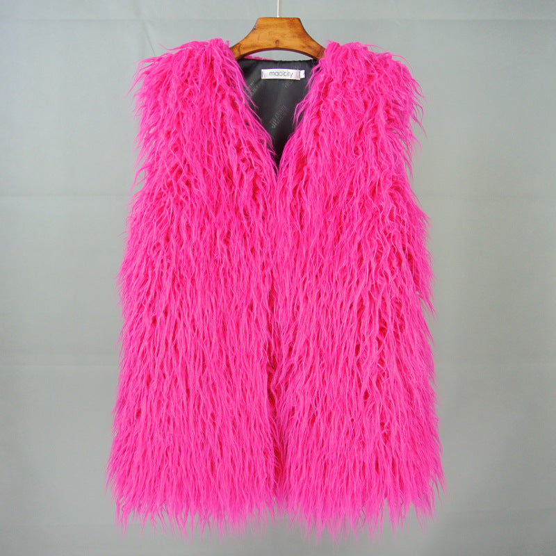 Mid-length Beach-like Wool Fur Vest Warm Vest Women's Vest Jacket Rose Red Insane Dress