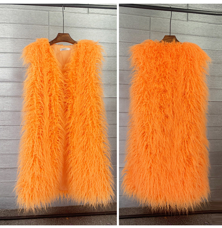 Mid-length Beach-like Wool Fur Vest Warm Vest Women's Vest Jacket Orange Insane Dress