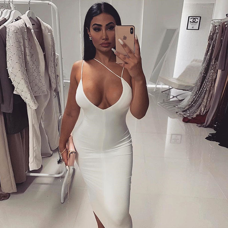 Pure Color Sling Deep V Sexy Slim Backless Dress White Insane Dress