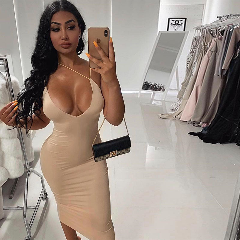 Pure Color Sling Deep V Sexy Slim Backless Dress Beige Insane Dress