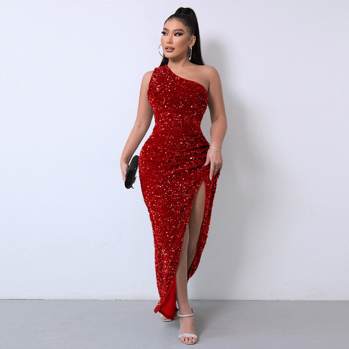 Abito lungo mospalla glitter Hollie Red Insane Dress