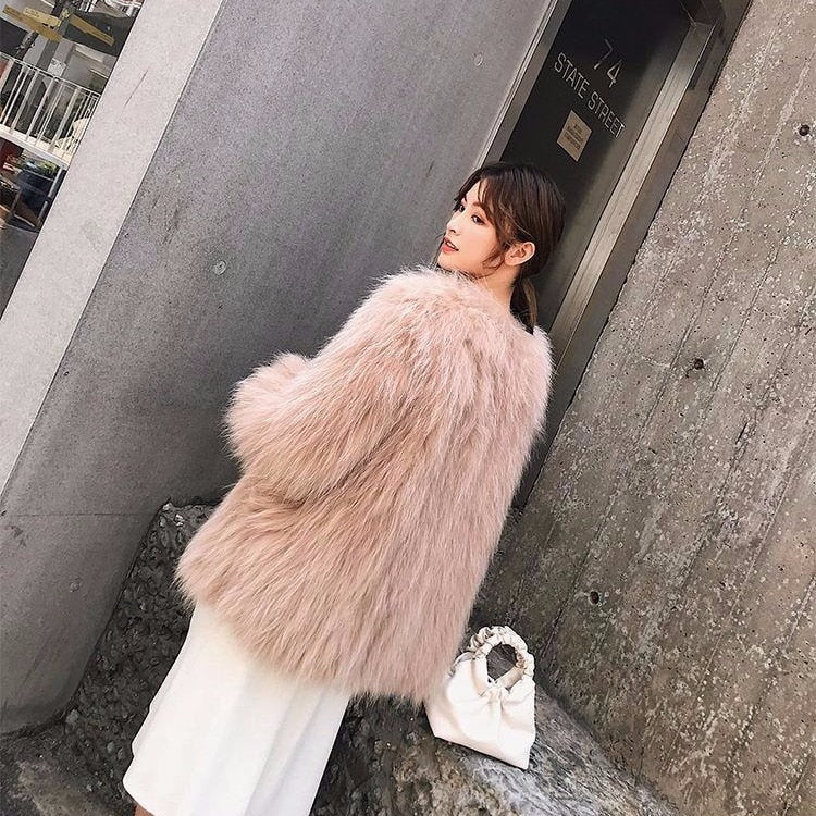 Fox Fur Coat Female Long Sleeve Solid Jackets Insane Dress