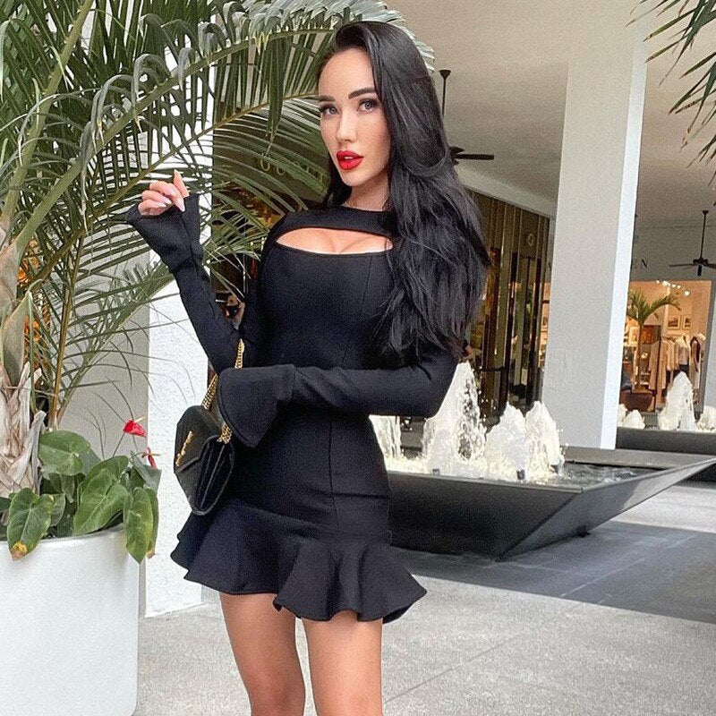 Black Cute Ruffles Dress Hollow Out Black Insane Dress