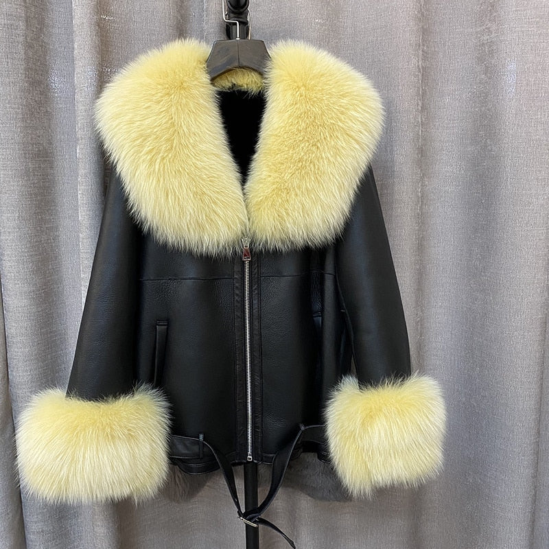 Coat Real Fox Fur Genuine Leather Jacket Yellow Insane Dress