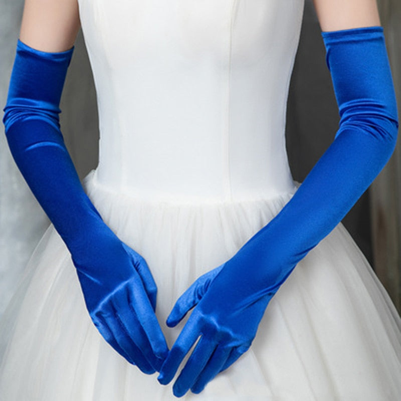 Long Satin Elastic Etiquette Gloves Royal Blue One Size Insane Dress