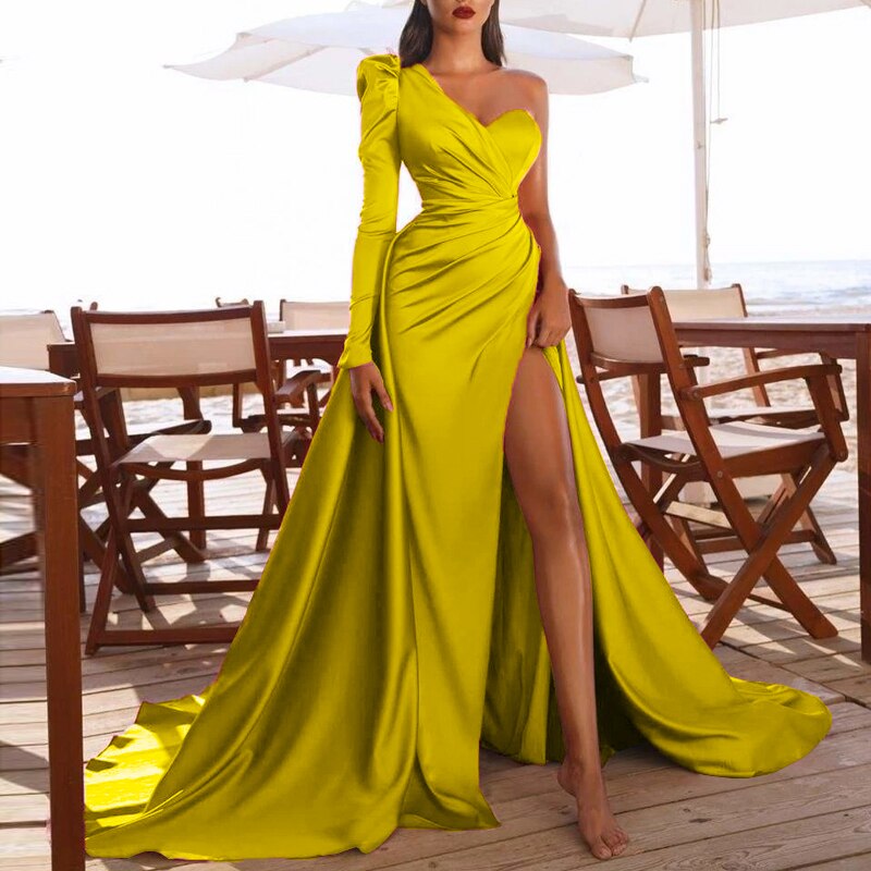 Wedding Party Dress One-shoulder Long Cocktail Yellow Insane Dress