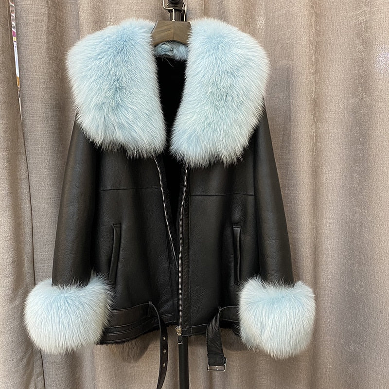 Coat Real Fox Fur Genuine Leather Jacket Blue Insane Dress