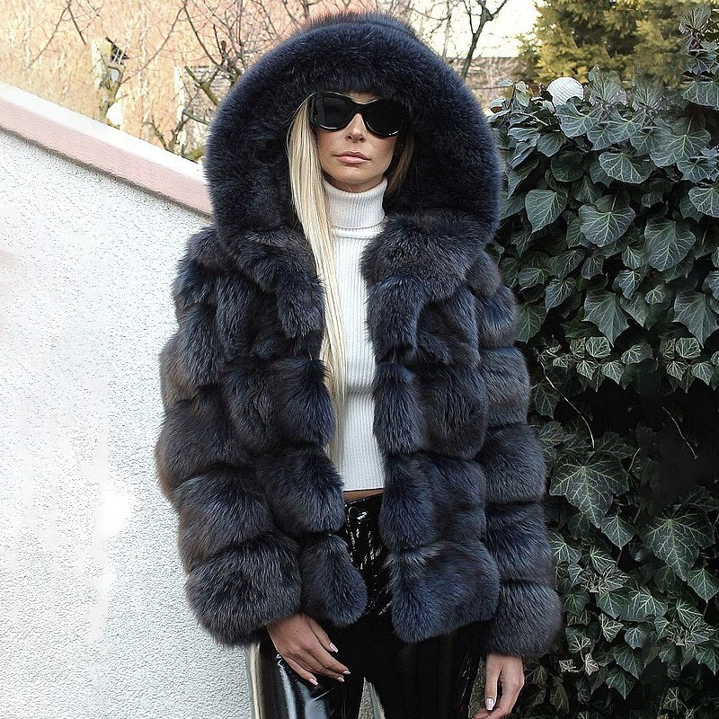 Eco-friendly Fur Coat fake Fox Fur Jackets Hood Iron gray China Insane Dress