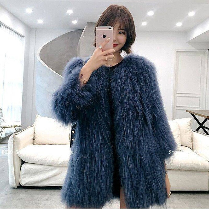 Fox Fur Coat Female Long Sleeve Solid Jackets Dark Blue Insane Dress