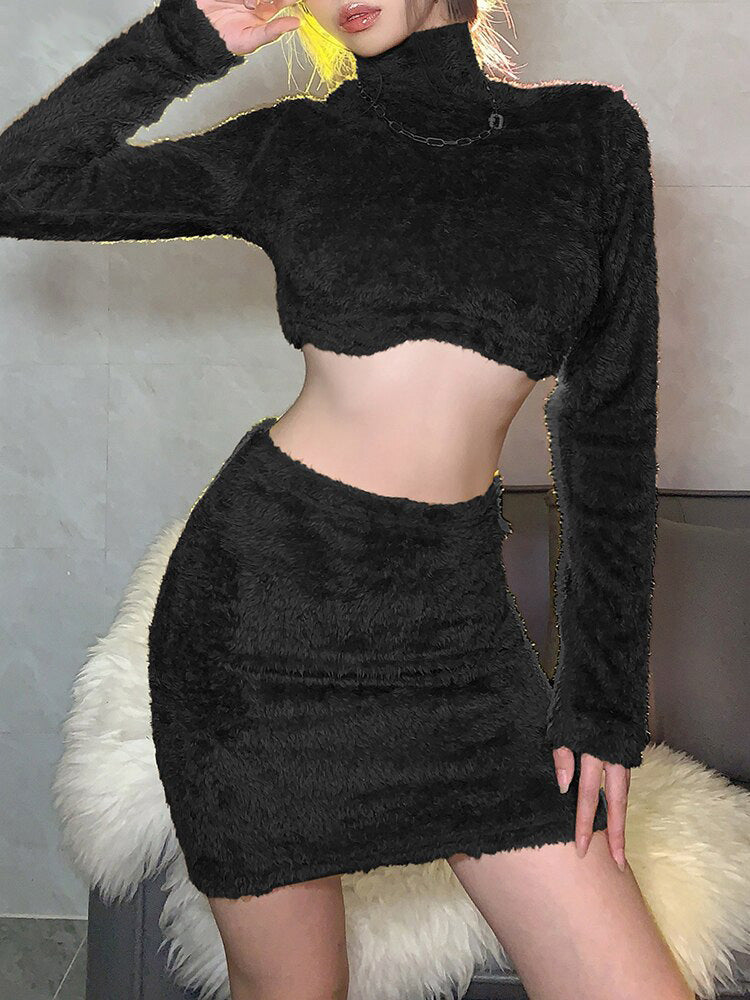 Completo donna corto bear fur top e mini gonna Black Insane Dress