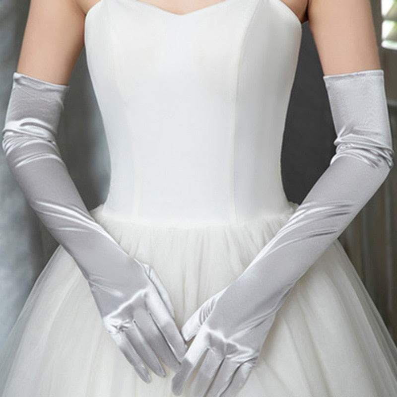 Long Satin Elastic Etiquette Gloves Silver One Size Insane Dress