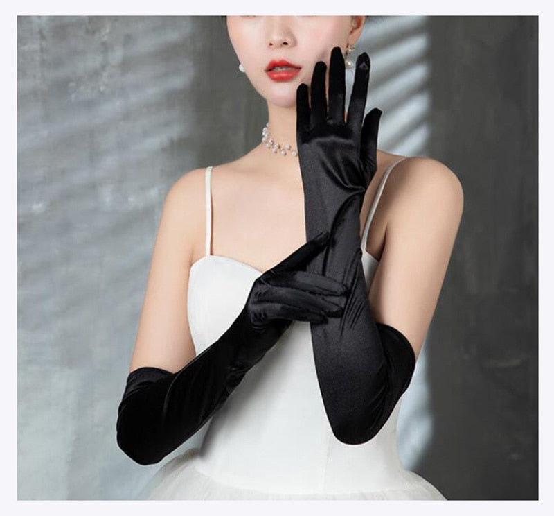 Long Satin Elastic Etiquette Gloves Black One Size Insane Dress