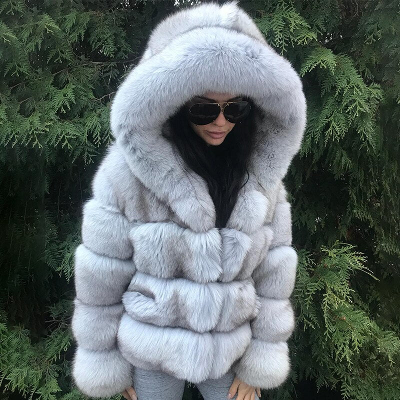 Eco-friendly Fur Coat fake Fox Fur Jackets Hood natrual China Insane Dress