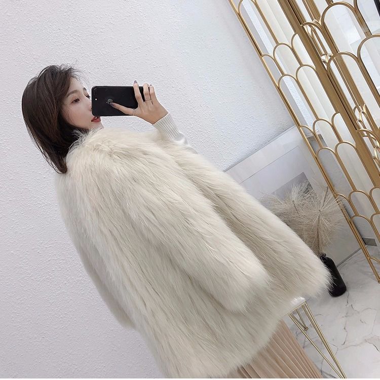 Fox Fur Coat Female Long Sleeve Solid Jackets Beige White Insane Dress