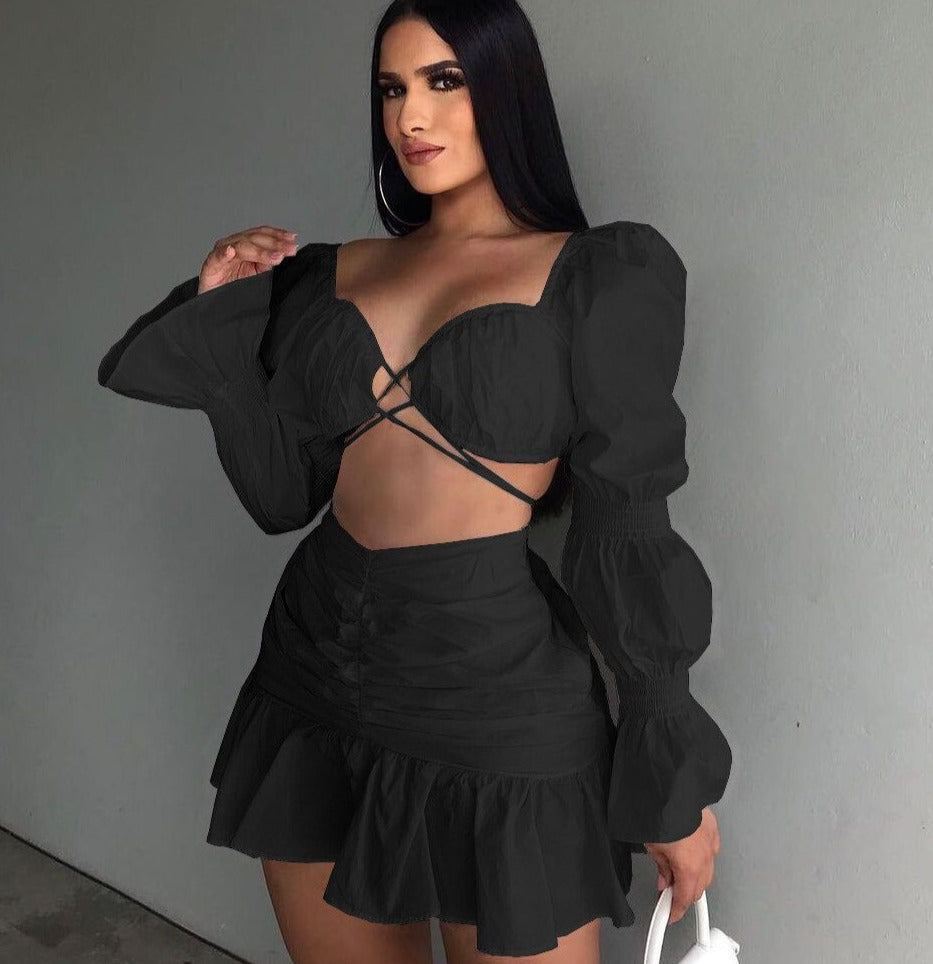 Two 2 Piece Set Crop Tops and Ruffles Mini Skirts black Insane Dress