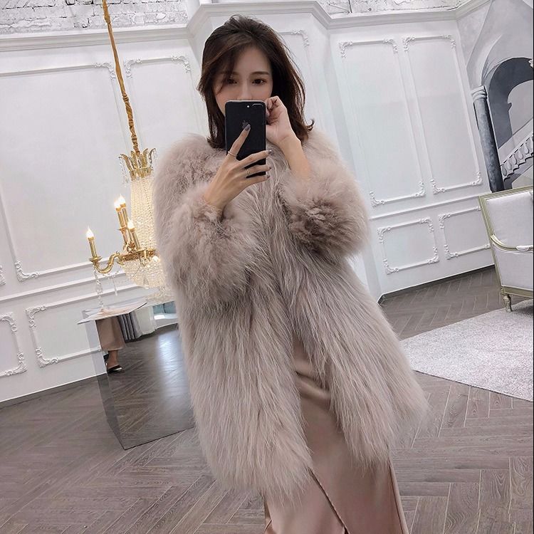 Fox Fur Coat Female Long Sleeve Solid Jackets Light Camel Insane Dress