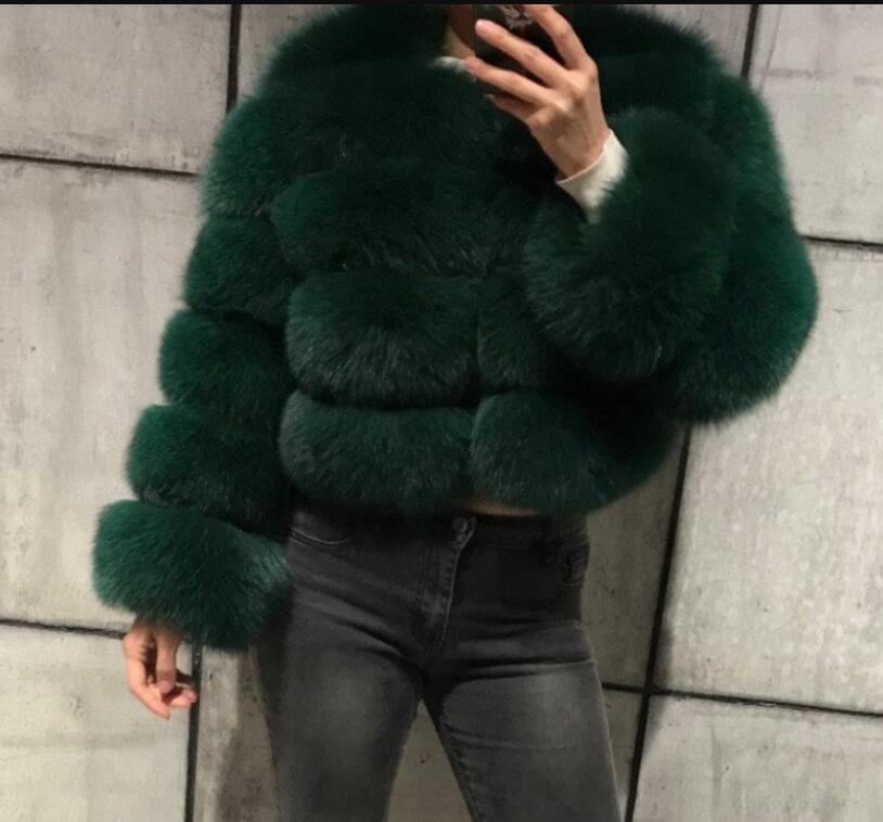 Fake Fox Fur Long Sleeve Coat Women dark green Insane Dress