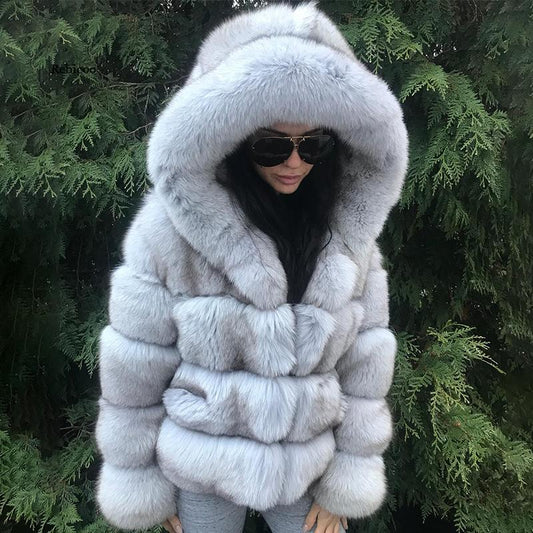 Eco-friendly Fur Coat fake Fox Fur Jackets Hood pure white China Insane Dress