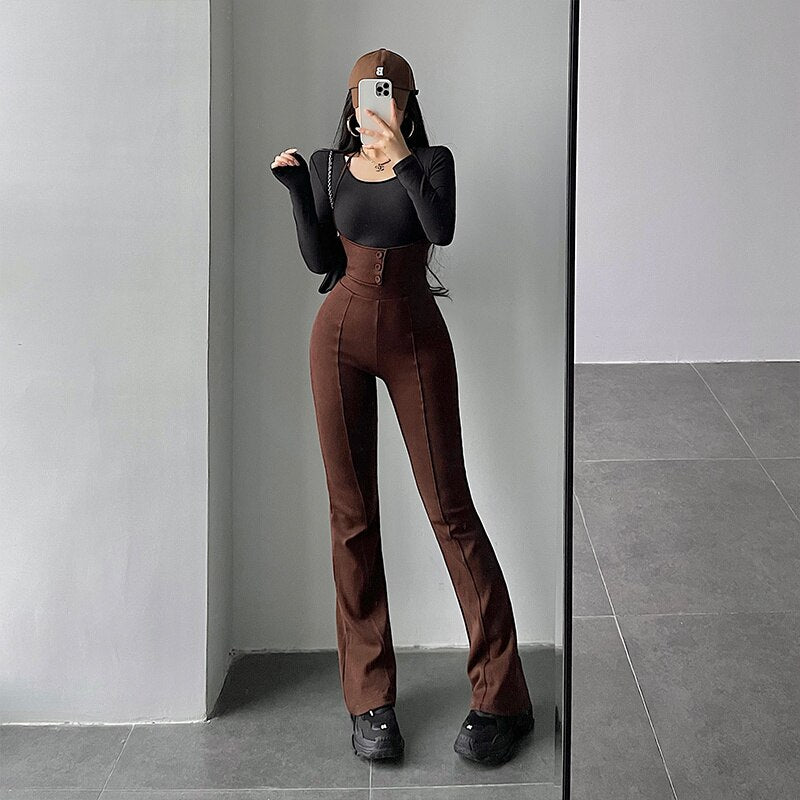 High Waist Slim Skinny Overalls Pants Women Brown Insane Dress