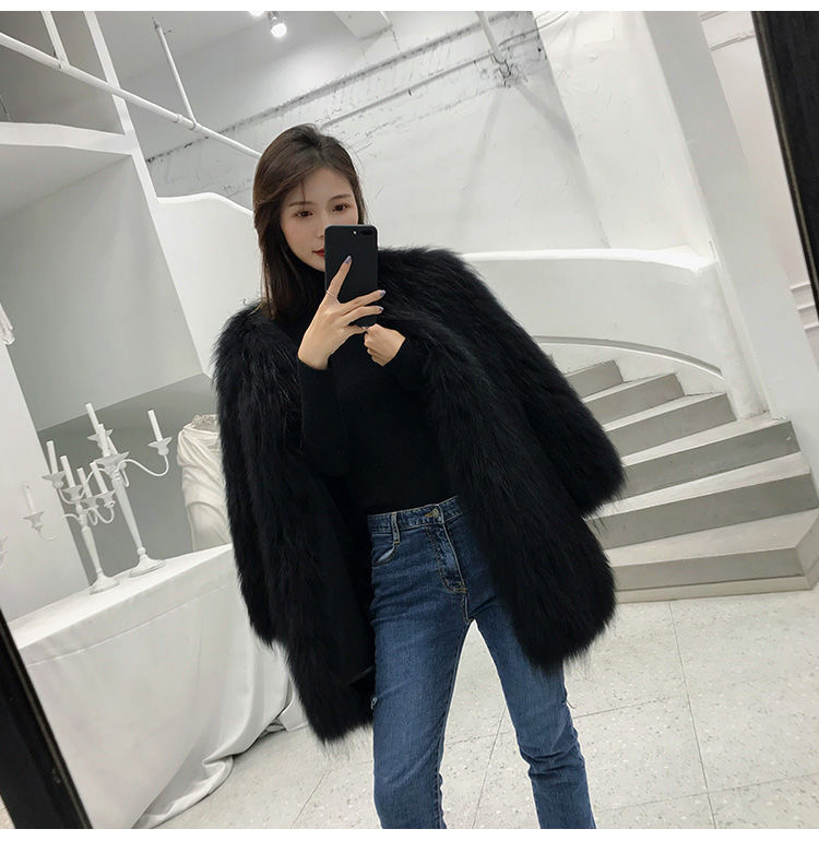 Fox Fur Coat Female Long Sleeve Solid Jackets Black Insane Dress