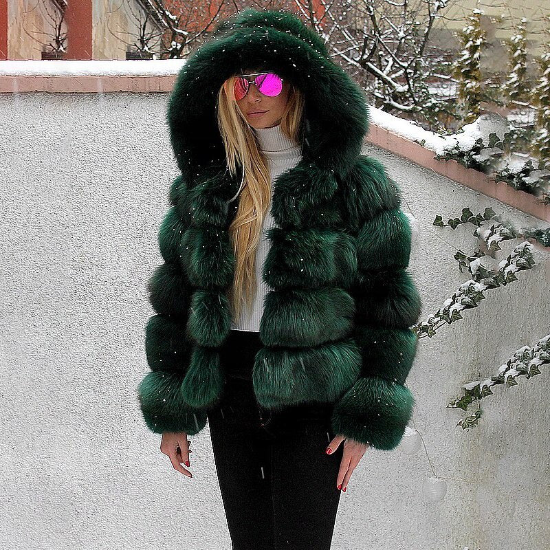 Eco-friendly Fur Coat fake Fox Fur Jackets Hood Green China Insane Dress