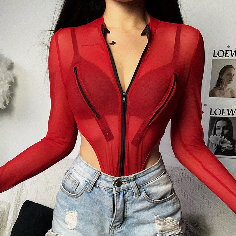 Bodysuits Tops Red Mesh High Waist Insane Dress