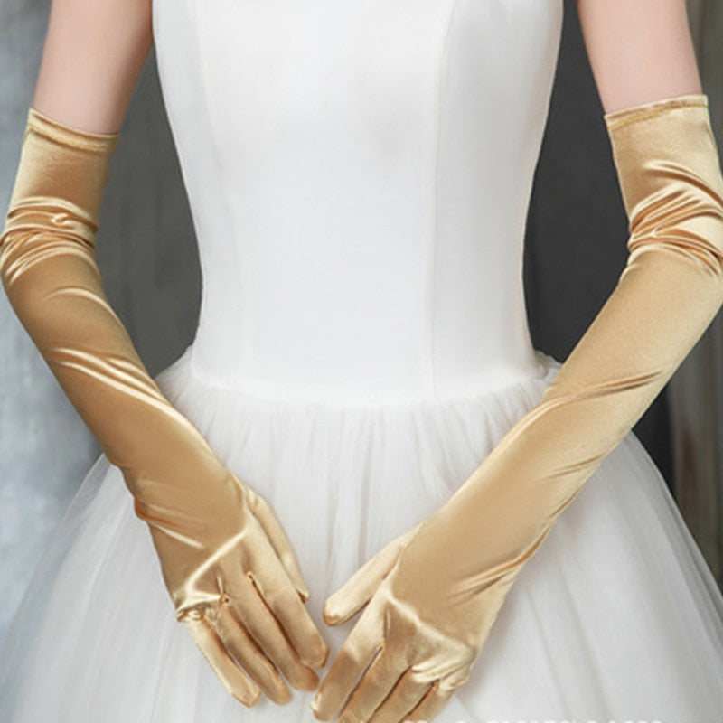Long Satin Elastic Etiquette Gloves Gold One Size Insane Dress
