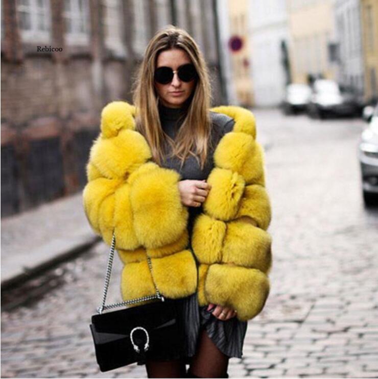 Eco-friendly Fur Coat fake Fox Fur Jackets Hood Yellow China Insane Dress