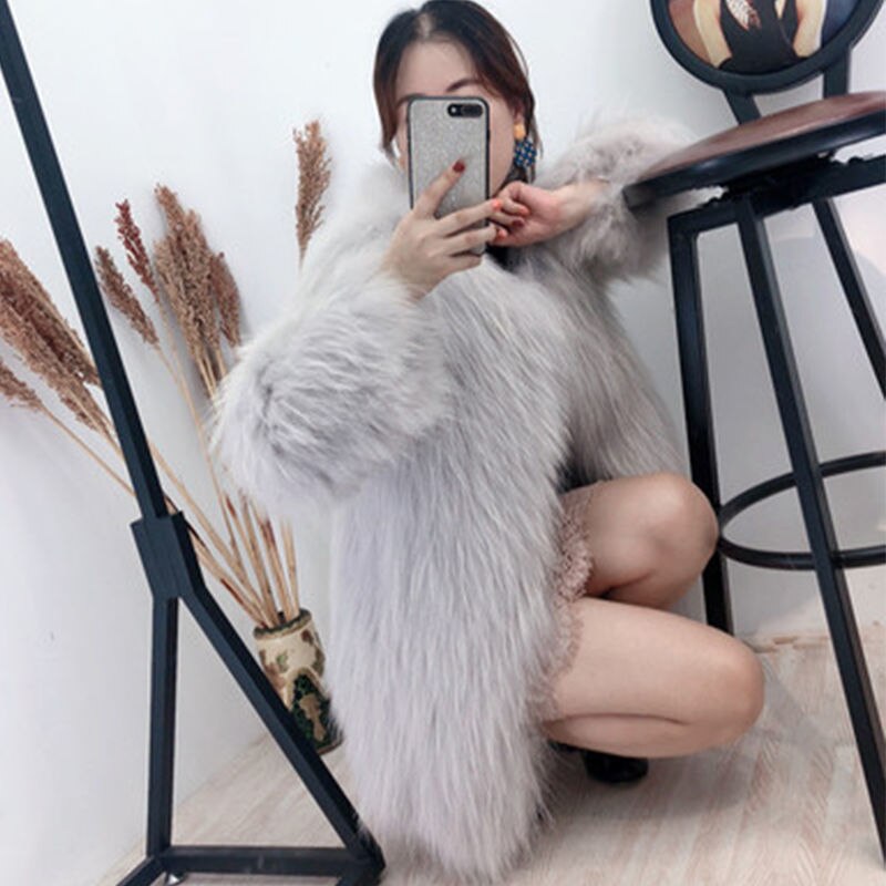 Fox Fur Coat Female Long Sleeve Solid Jackets Light Gray Insane Dress