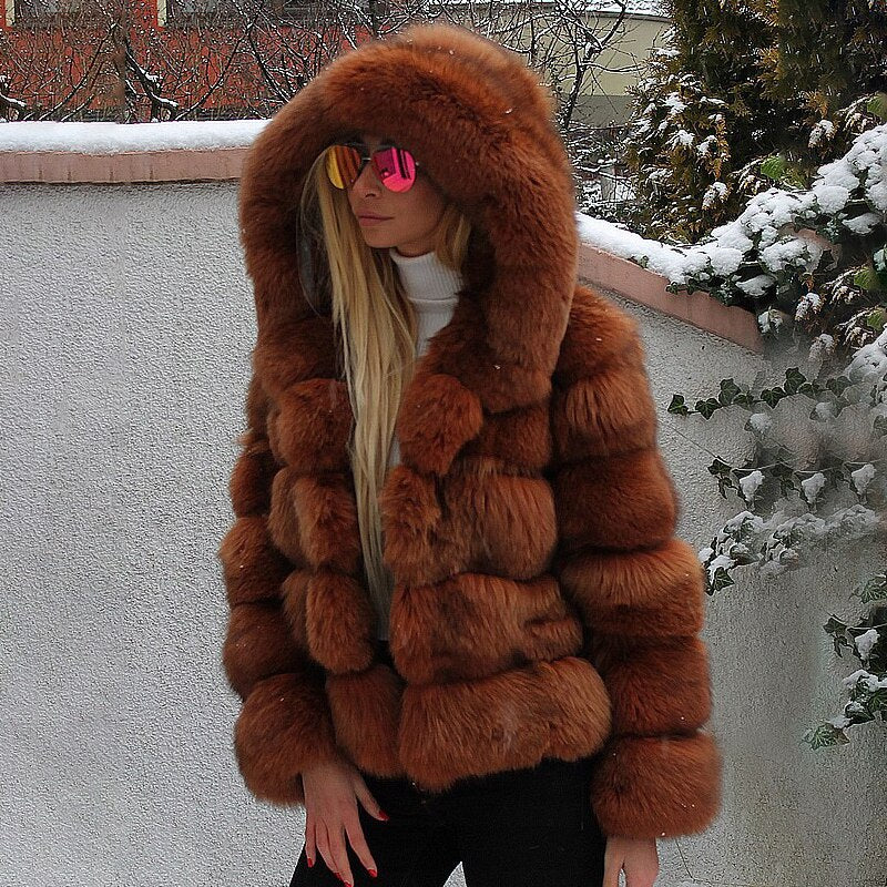 Eco-friendly Fur Coat fake Fox Fur Jackets Hood carmel China Insane Dress