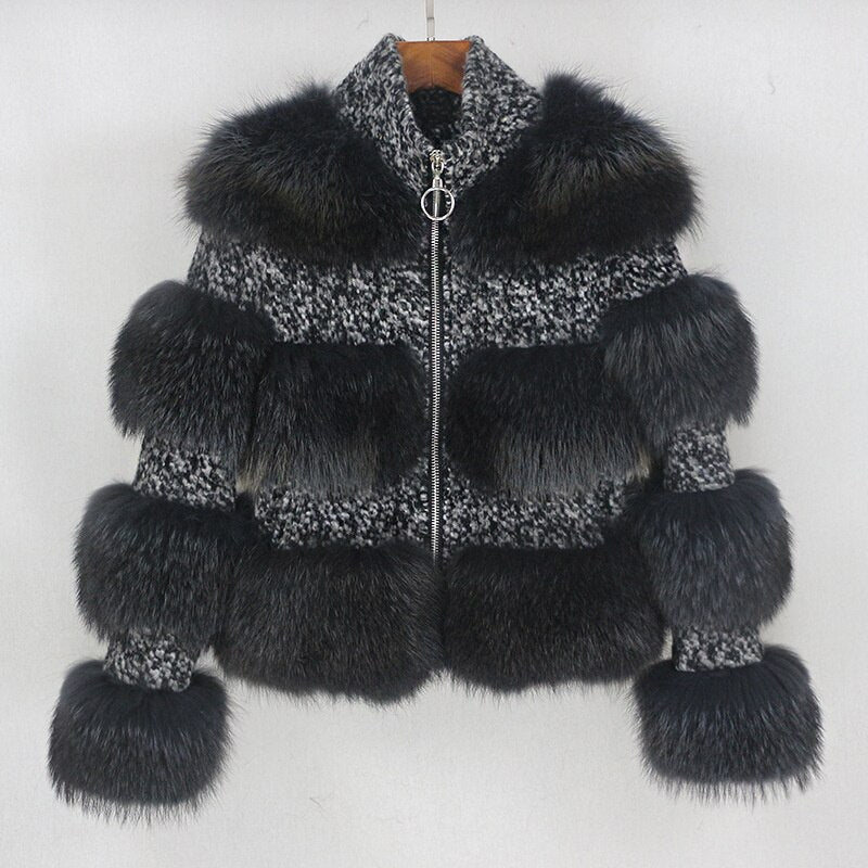 Real Raccoon Fur Coat Zipper Genuine Silver Fox Dark Gray Insane Dress