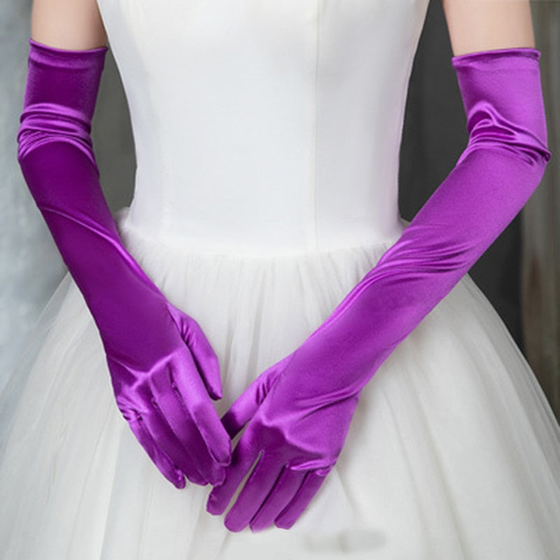 Long Satin Elastic Etiquette Gloves Purple One Size Insane Dress