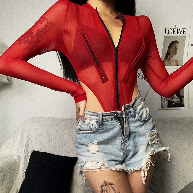 Bodysuits Tops Red Mesh High Waist Insane Dress