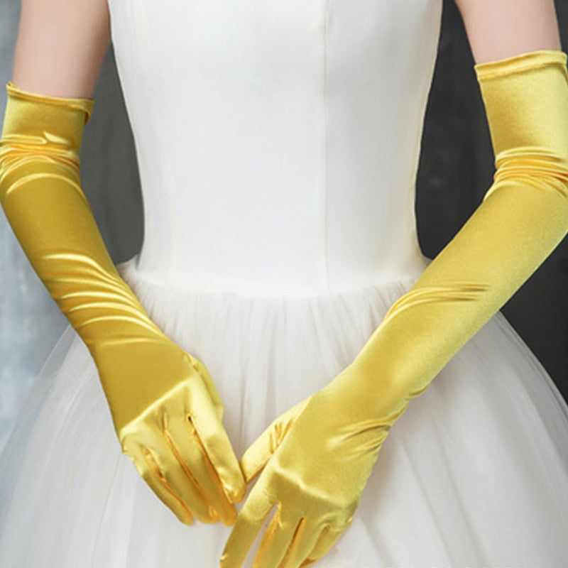 Long Satin Elastic Etiquette Gloves Yellow One Size Insane Dress