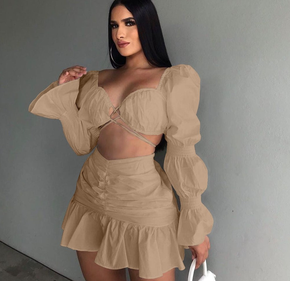 Two 2 Piece Set Crop Tops and Ruffles Mini Skirts khaki Insane Dress