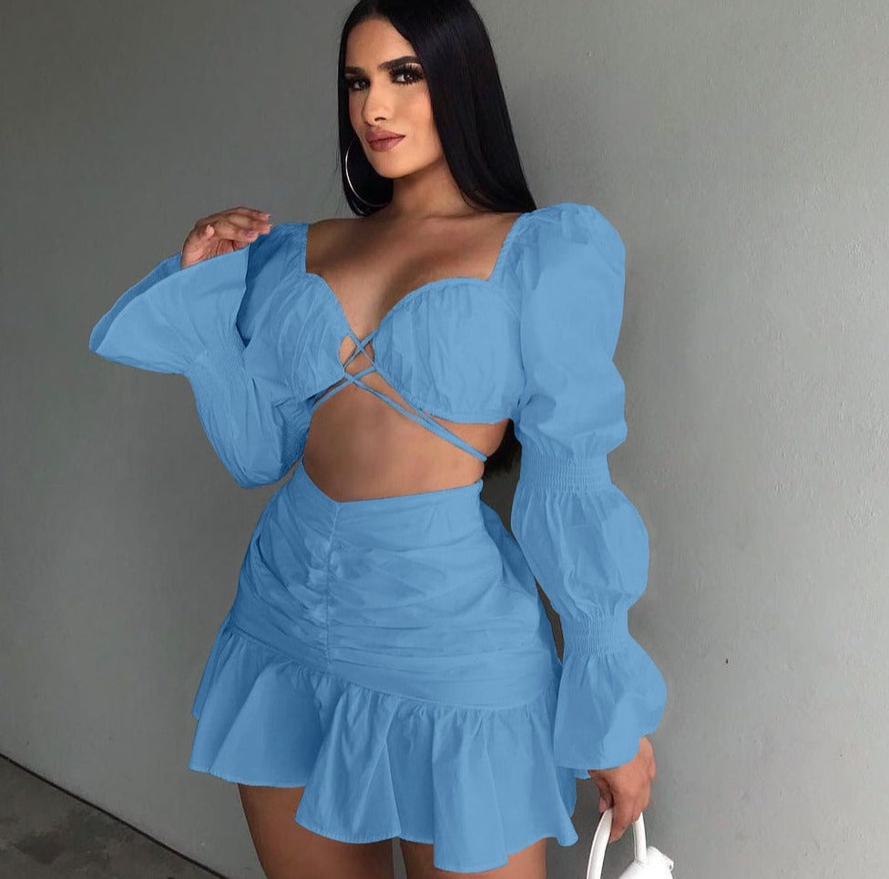 Two 2 Piece Set Crop Tops and Ruffles Mini Skirts cyan blue Insane Dress