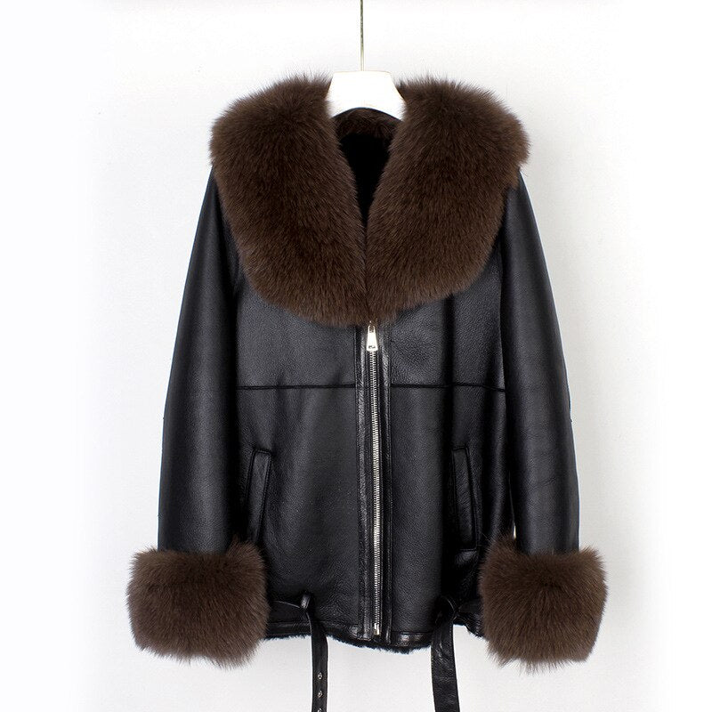 Coat Real Fox Fur Genuine Leather Jacket Brown Insane Dress