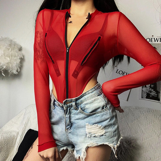 Bodysuits Tops Red Mesh High Waist Insane Dress