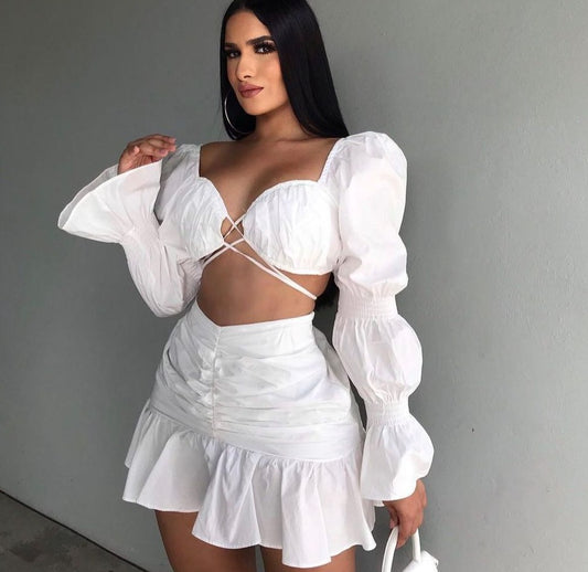 Two 2 Piece Set Crop Tops and Ruffles Mini Skirts white Insane Dress