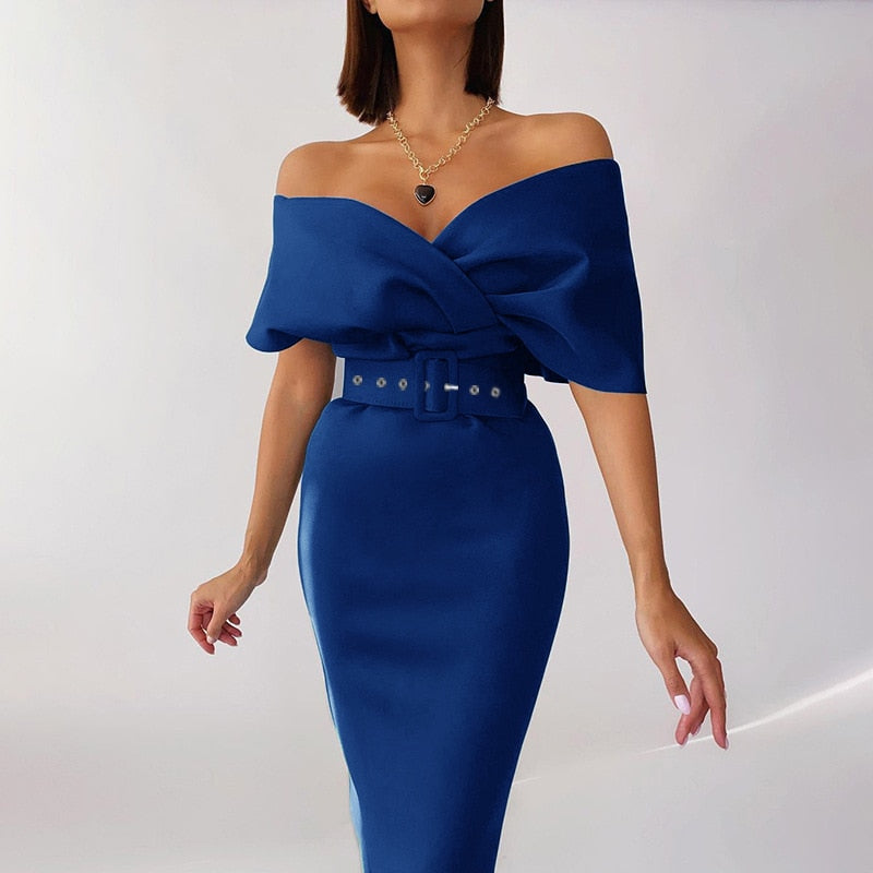 Off the Shoulder Dress High Waist Navy Blue Insane Dress