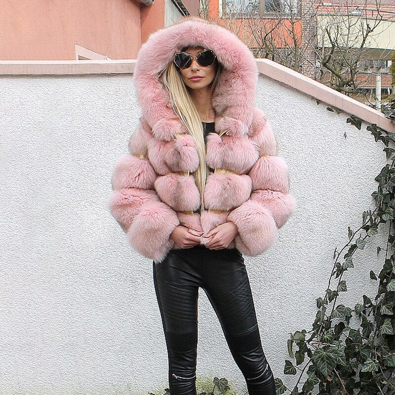 Eco-friendly Fur Coat fake Fox Fur Jackets Hood Pink China Insane Dress