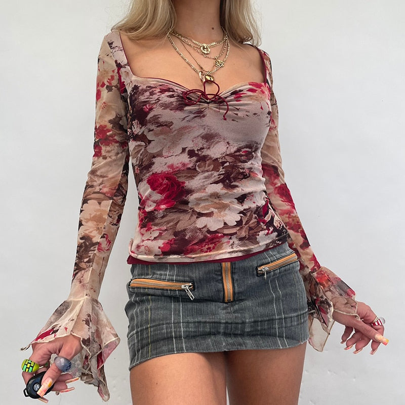 Retro Floral Print T-shirt top donna scollato Khaki Insane Dress