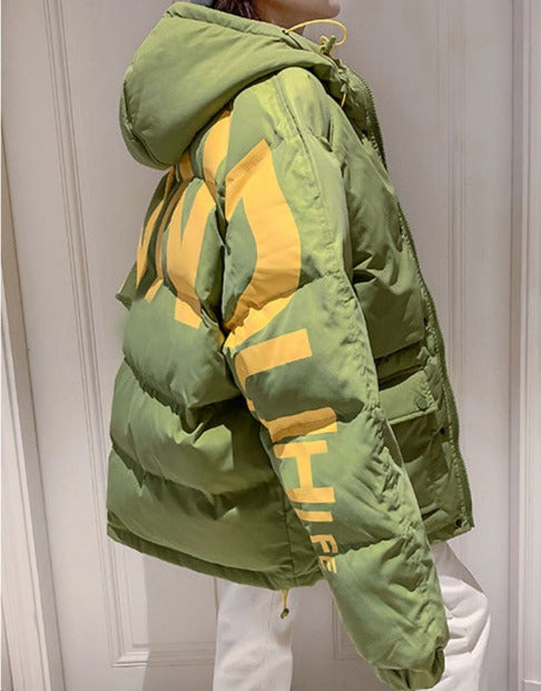 Giubbino oversize piumino unisex con stampa posteriore Pea green Insane Dress