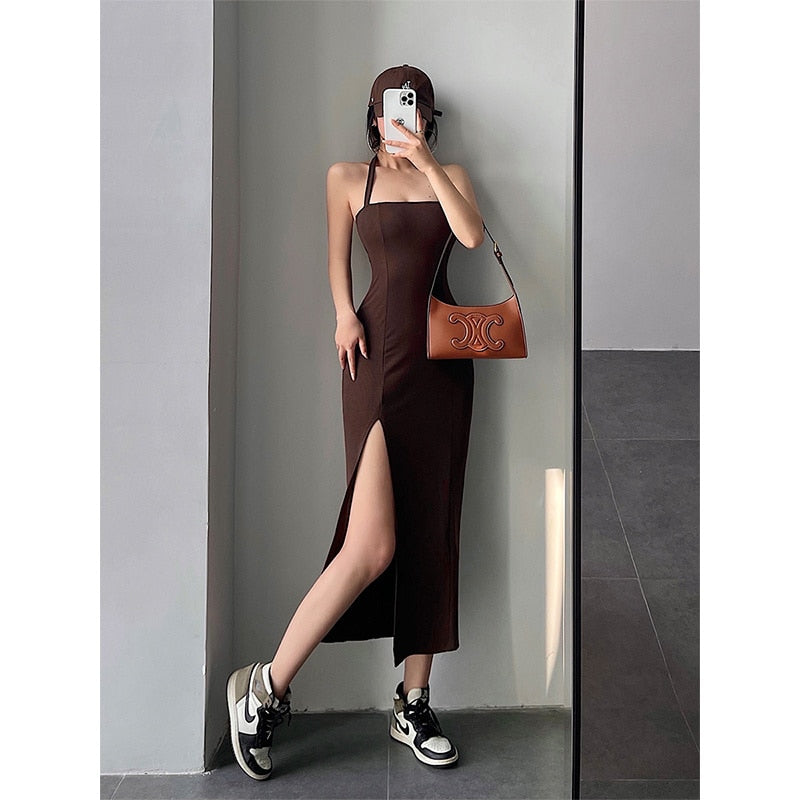 Slim Dress Solid Color Side Slit Sleeveless dark Coffee Insane Dress