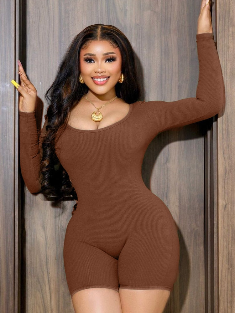 Solid Ribbed Long Sleeve Playsuit Skinny Bodycon tutina donna Auburn Insane Dress