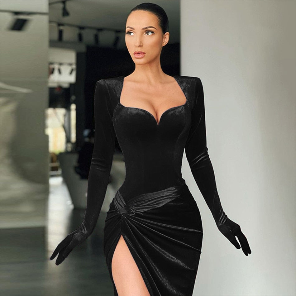 Abito lungo velvet Leona scollato con spacco Black Club Dress Insane Dress