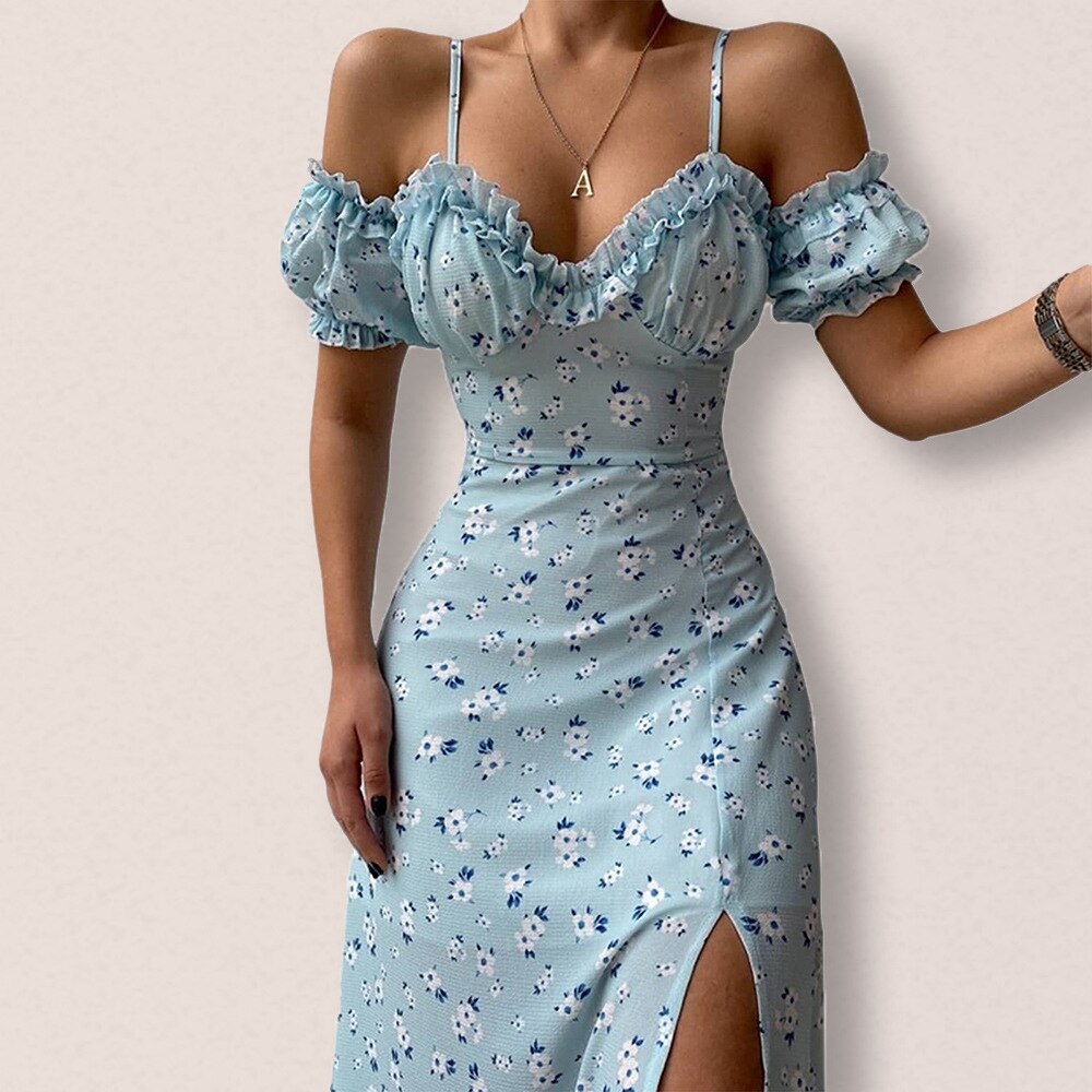 Abito donna lungo fiorellini scollato Davida The light blue Insane Dress