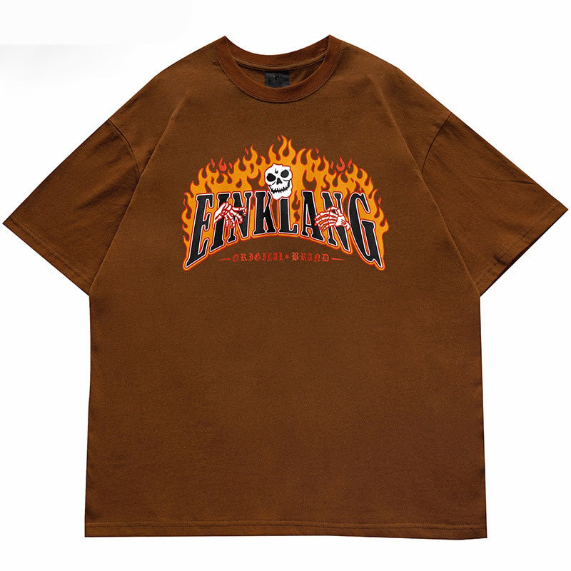 Hip Hop Streetwear T-Shirt Men Fire Flame vintage style uomo Brown Insane Dress